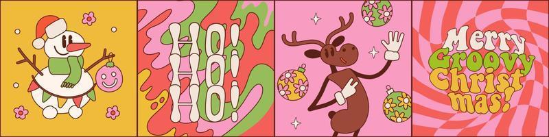 groovy hippie Kerstmis groet kaarten set. sneeuwman en rendier tekenfilm karakters, ho ho ho in modieus retro stijl. vrolijk groovy Kerstmis poster, afdrukken, partij uitnodiging. vector getrokken illustratie.