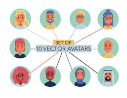 vlak avatars reeks van Dames en mannen van verschillend nationaliteiten en rassen. vector ronde pictogrammen met mensen. 10 hand- getrokken vector avatar pictogrammen.