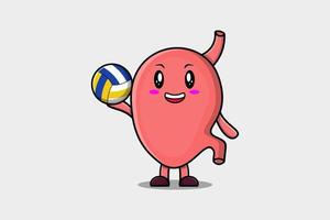 schattig tekenfilm maag karakter spelen volleybal vector