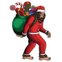 grote voet wandelen kostuum de kerstman dragen geschenk zak vector illustratie