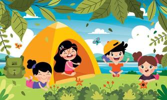 tekenfilm kinderen camping Bij natuur vector