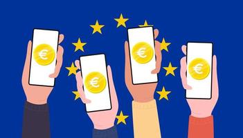 digitaal euro munten Aan mobiel scherm van mensen, Europese centraal bank ecb futuristische digitaal geld Aan Europa vlag achtergrond. vector