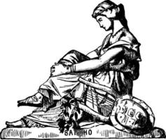 standbeeld van een vrouw met een lier in deze afbeelding, wijnoogst gravure. vector