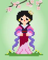 8 bit pixels vrouwen dragen hanfu jurken. chinese meisjes in vectorillustraties voor spelactiva of kruissteekpatronen. vector