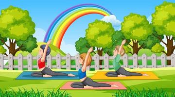 mensen aan het doen yoga Bij park vector