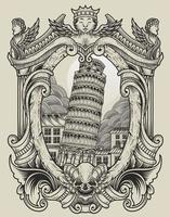 illustratie vintage pisa toren met gravure style vector