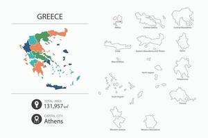 kaart van Griekenland met gedetailleerd land kaart. kaart elementen van steden, totaal gebieden en hoofdstad. vector