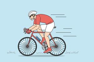 racing fietser en snelheid concept. jong Mens racing fietser vervelend sportkleding en helm maken reis buitenshuis gedurende zomer vector illustratie