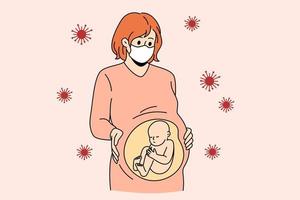 zwanger vrouw en coronavirus infectie concept. jong vrouw zwanger met baby binnen staand vervelend medisch beschermend masker met bacterias vliegend in de omgeving van vector illustratie