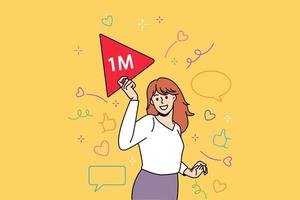 online leven en volgers concept. glimlachen positief vrouw blogger staand Holding rood teken met een miljoen volgers belettering Aan het gevoel geslaagd vector illustratie