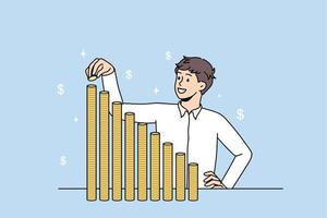 financieel succes en ontwikkeling concept. jong glimlachen zakenman staand zetten munten bovenste en bovenste in stapels gevoel positief dynamiek vector illustratie