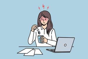hebben koorts gedurende werk concept. verdrietig depressief ziek ziek vrouw kantoor arbeider zittend Bij laptop nemen geneeskunde voor beschermen van koorts ziekte vector illustratie