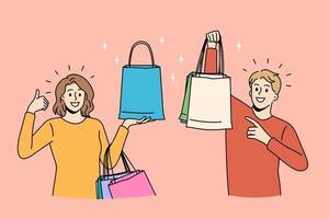 gelukkig boodschappen doen en kortingen concept. positief paar Mens en vrouw staand tonen duimen omhoog teken Holding veel kleurrijk boodschappen doen Tassen met aankopen vector illustratie