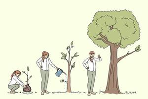 ecologisch gesprek en ecosysteem concept. jong positief Dames aanplant gieter en groeit bomen tonen duimen omhoog teken vector illustratie