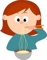 vrouw aan het eten spaghetti, illustratie, vector Aan wit achtergrond.