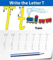 letter t tracing alfabet werkblad met trein vector