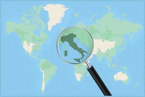 kaart van de wereld met een vergroten glas Aan een kaart van Italië. vector