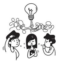 hand- getrokken tekening mensen met verstrikt lamp symbool voor samenspel oplossen bedrijf problemen illustratie vector