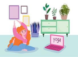 online yoga, vrouw Aan verdieping met laptop beoefenen yoga in kamer vector