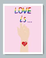 wit hand- met geslacht lgbt hart symbool en doole regenboog opschrift liefde is ... vector