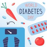 wereld diabetes dag sociaal media sjabloon met wortel, pillen en schubben. hand- getrokken vector illustratie voor bewustzijn over mellitus.