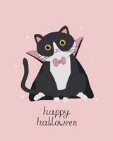 halloween vector illustratie met vampier kat. schattig kat Aan roze achtergrond. vector afdrukken voor groet kaart, poster, uitnodiging of andere afdrukbare ontwerpen.