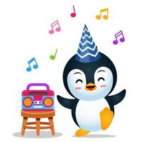 schattig pinguïn dansen luisteren muziek- van radio vector