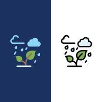groen bomen wolk blad pictogrammen vlak en lijn gevulde icoon reeks vector blauw achtergrond