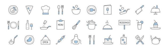reeks voedsel Koken en chef restaurant tekening pictogrammen vector