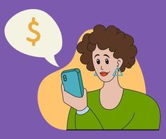 de vrouw looks in de telefoon. de meisje cheques de geld account Aan de telefoon. vector kleurrijk illustratie.