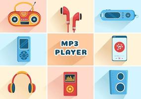 mp3 speler met koptelefoon, koptelefoon en telefoon van muziek- luisteren apparaten in mobiel app Aan vlak tekenfilm hand- getrokken Sjablonen illustratie vector