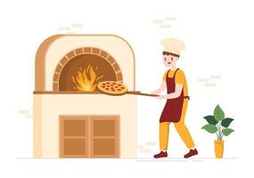 Italiaans voedsel restaurant of cafetaria met chef maken traditioneel Italiaans gerechten pizza of pasta in hand- getrokken tekenfilm sjabloon illustratie vector