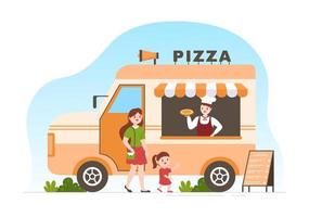 Italiaans voedsel restaurant met familie en kinderen aan het eten traditioneel Italië gerechten pizza of pasta in hand- getrokken tekenfilm sjabloon illustratie vector