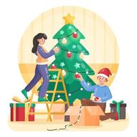 een paar voorbereidingen treffen en decoreren Kerstmis boom vector