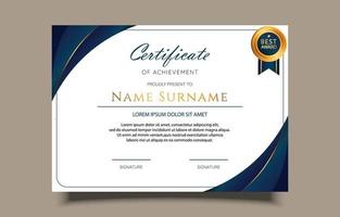 professioneel certificaat van prestatie met blauw en goud ontwerp vector