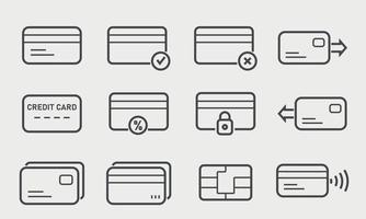 reeks van credit kaarten lijn pictogrammen. chip, register, veilig betaling, contant geld, synchroniseren, nfc spaander voor veiligheid. vector illustratie