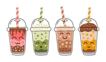 schattig bubbel thee, boba drinken smaken verzameling hand- getrokken vector illustratie