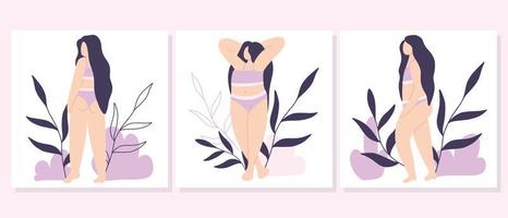 reeks van bodypositive posters met een meisje. verzameling van ansichtkaarten met een meisje in lingerie. vlak stijl. vector illustratie.