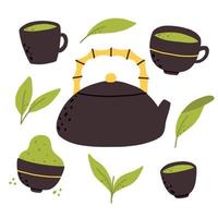 matcha thee. vector reeks van biologisch thee matcha poeder, thee bladeren, theepot, traditioneel beker. groen thee ceremonie. gezond drankje.