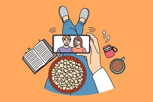 recreatie werkzaamheid en vrije tijd concept. top visie van menselijk handen Holding smartphone met film Aan scherm popcorn en koffie vector illustratie