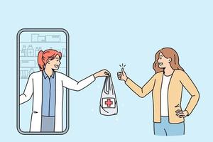 gelukkig vrouw cliënt bestellen geneesmiddel Bij online apotheek van dokter. glimlachen vrouw klant kopen verdovende middelen geneesmiddelen Aan internet gebruik makend van smartphone web sollicitatie. gezondheidszorg. vlak vector illustratie.