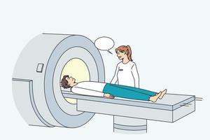 Mens ondergaan tomografie screening in modern ziekenhuis. ongezond ziek mannetje geduldig hebben lichaam sectie laminografie in kliniek, lijden van Gezondheid problemen. gezondheidszorg, geneesmiddel. vector illustratie.