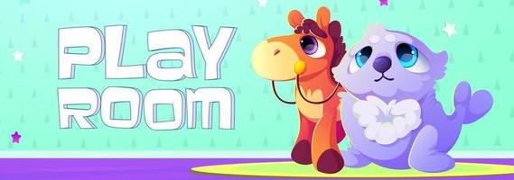 Speel kamer tekenfilm banier met speelgoed zegel en paard vector
