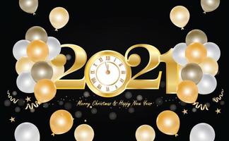 gelukkig nieuwjaar 2021 ontwerp met gouden klok en ballons vector