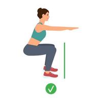 vrouw aan het doen sport oefening. fysiek opleiding Rechtsaf squats.correct houding.vector illustratie geïsoleerd vector