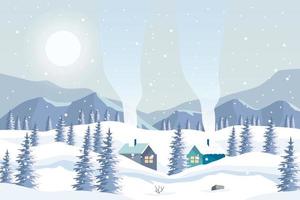 winter landschap met berg, huizen, en boom in vlak stijl ontwerp vector
