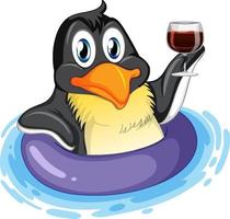 schattig pinguïn tekenfilm karakter vervelend opblaasbaar ring drinken wijn vector