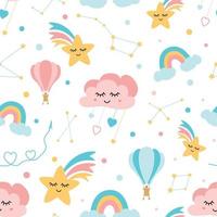 lief kinderachtig achtergrond gemaakt van tekenfilm tekens harten, sterren, wolken schattig regenboog lucht ballon sterrenbeeld in de lucht. zoet droom vector. geweldig naadloos patroon voor kleding stof textiel kleding ontwerp. vector