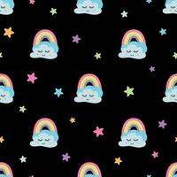 wolk naadloos afdrukken. regenboog sterren wolken kleding stof naadloos patroon schattig tekenfilm baby kleding ontwerp. donker kleuren. zwart lucht achtergrond voor kinderen. herhaald sjabloon. vector illustratie.