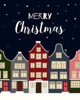 vrolijk kerstmis. Kerstmis winter stad straat met klein huizen poster. achtergrond voor groet kaarten, ansichtkaarten, brieven, etiketten, web, enz. vector